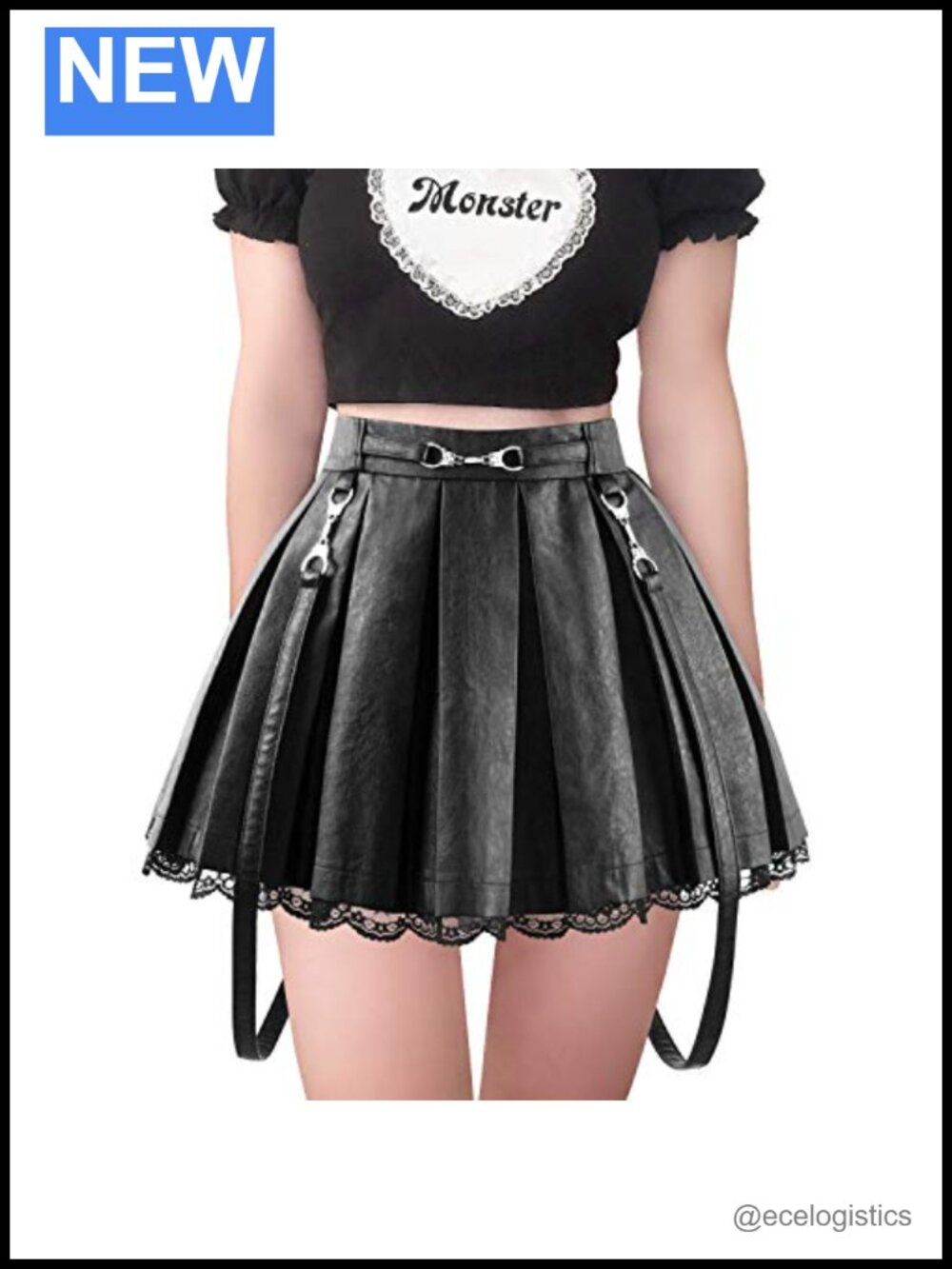 Women's Pleated Faux Leather A-Line Mini Skirt with Lace Trim and Metal